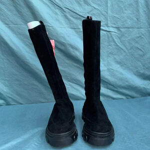 NWT Farm Rio Boots Sz 7.5 Knee High Lug Sole Black Suede Tall Chunky Embroidery